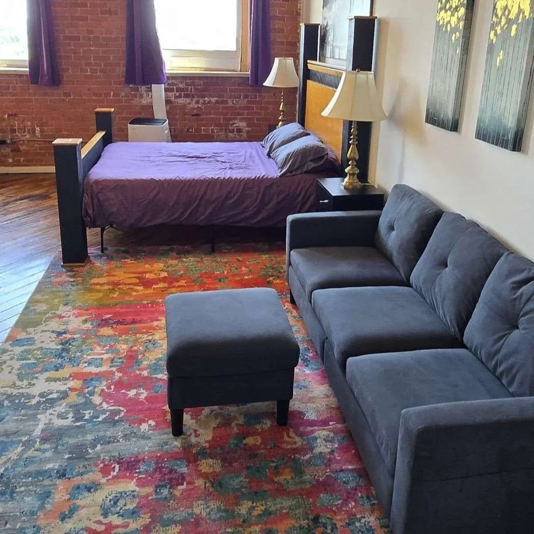 Detroit MotorCity Riverfront Loft ned and couch