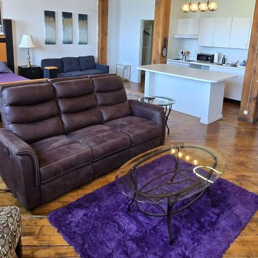 Detroit MotorCity Riverfront Loft brown couch