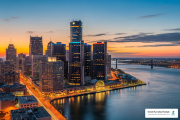 downtown Detroit skyline at dusk - apartments for rent downtown