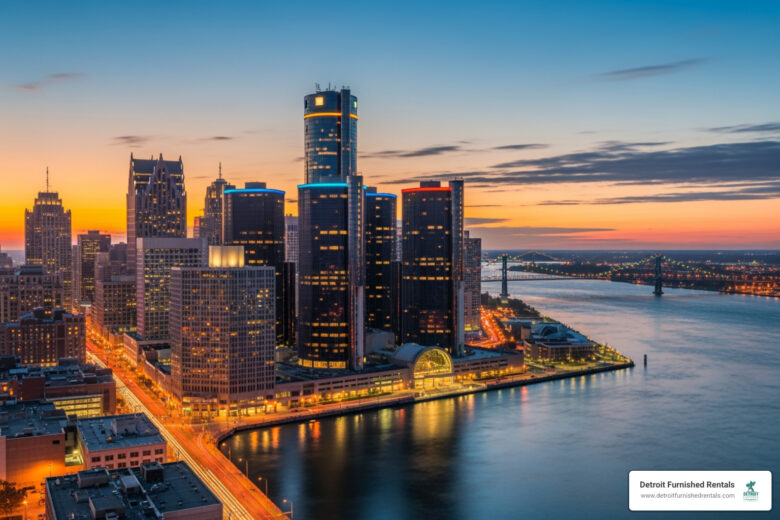 downtown Detroit skyline at dusk - apartments for rent downtown