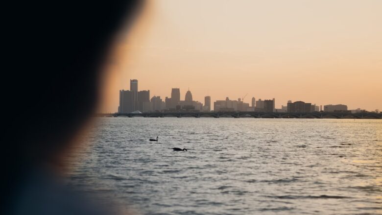 Detroit city views skyline at dusk along the riverfront