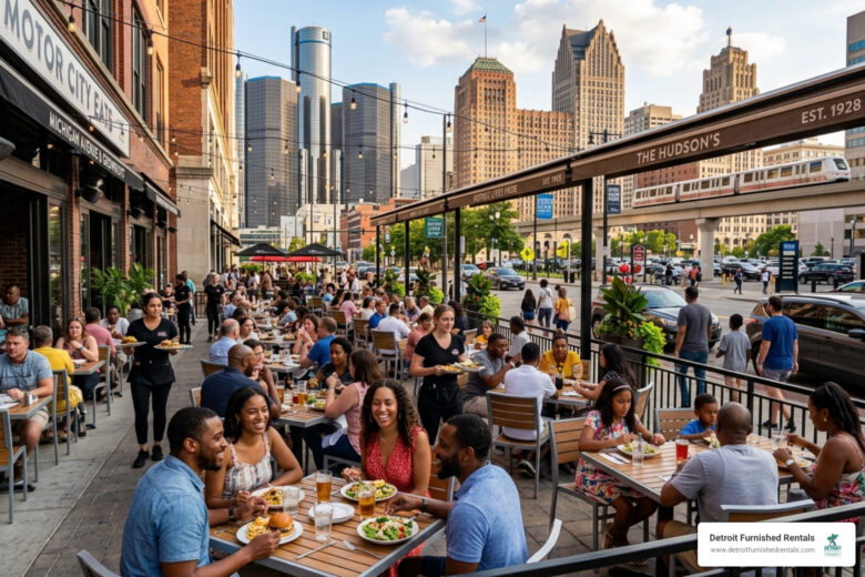 Detroit food blog bustling restaurant patio culinary scene - Detroit food blog