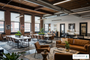 Detroit loft for business interior with exposed brick and open workspace
