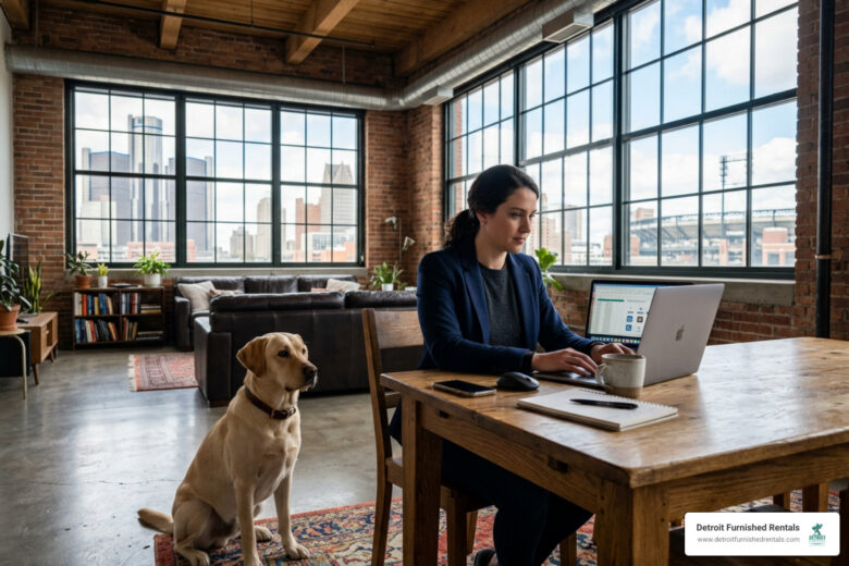 dog in a modern Detroit loft with traveling professional