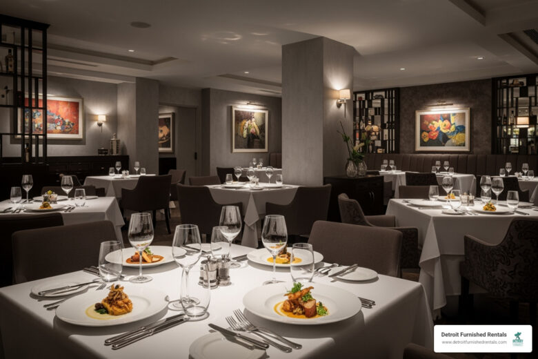 Royal Oak fine dining restaurant interior with elegant plating and ambient lighting