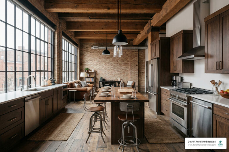 renovated warehouse loft featuring modern stainless steel appliances and exposed timber beams