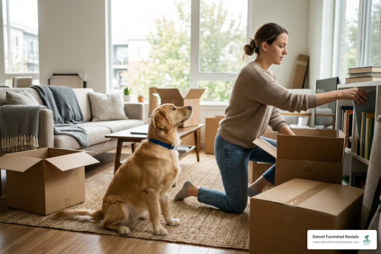 pet owner unpacking with dog in apartment