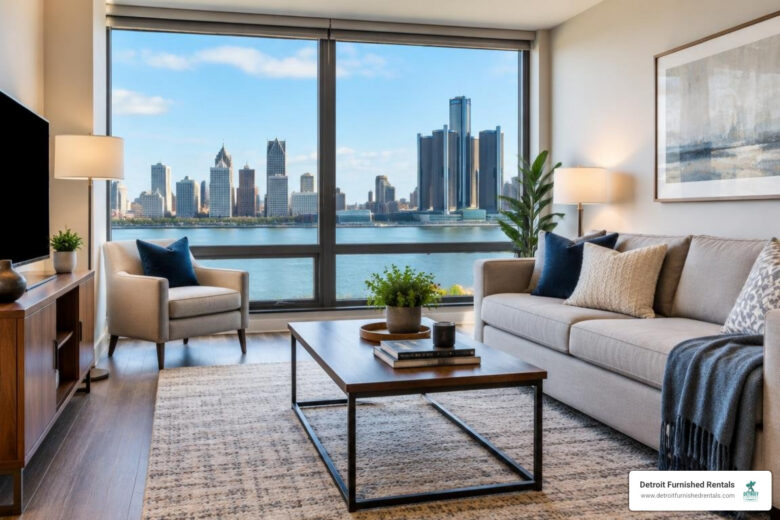 furnished apartment living room with downtown skyline