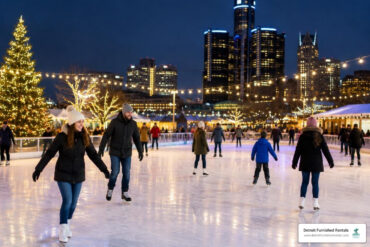 outdoor holiday ice skating rink with festive lights