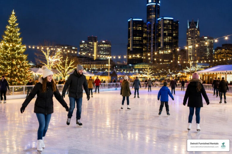 outdoor holiday ice skating rink with festive lights