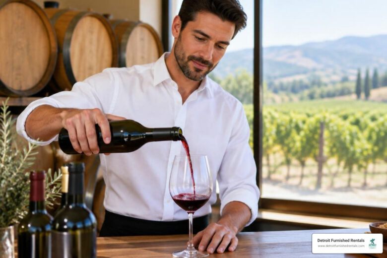 Sommelier pouring wine in a sunlit tasting room