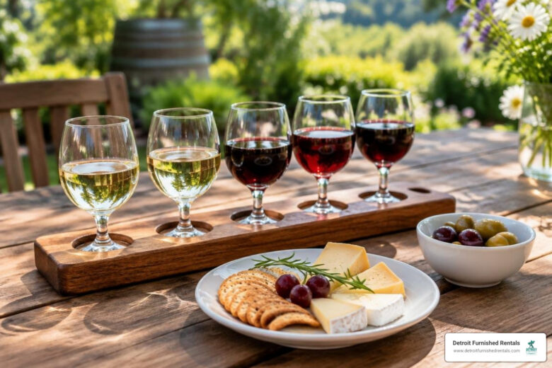 wine tasting flight with cheese and small plates on a patio